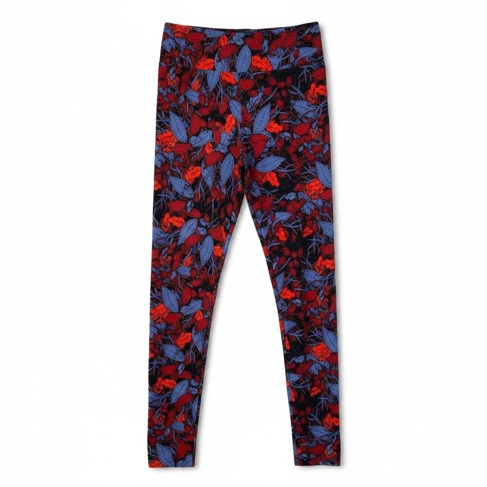 Lularoe Womens Workout Leggings Leaves Black Blue Red One Size Vibrant Active